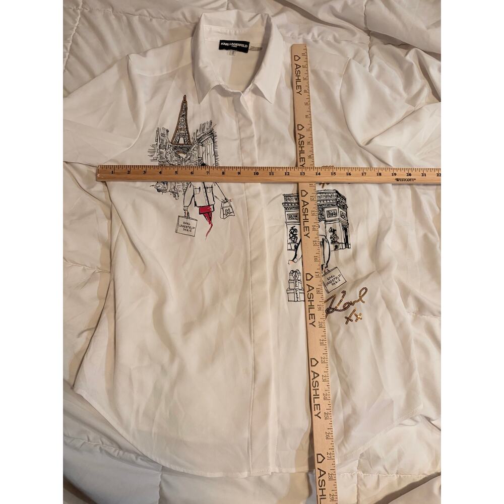 Karl Lagerfeld Paris Medium White Eiffel Tower Paris Graphic Blouse Embroidered - Picture 7 of 10